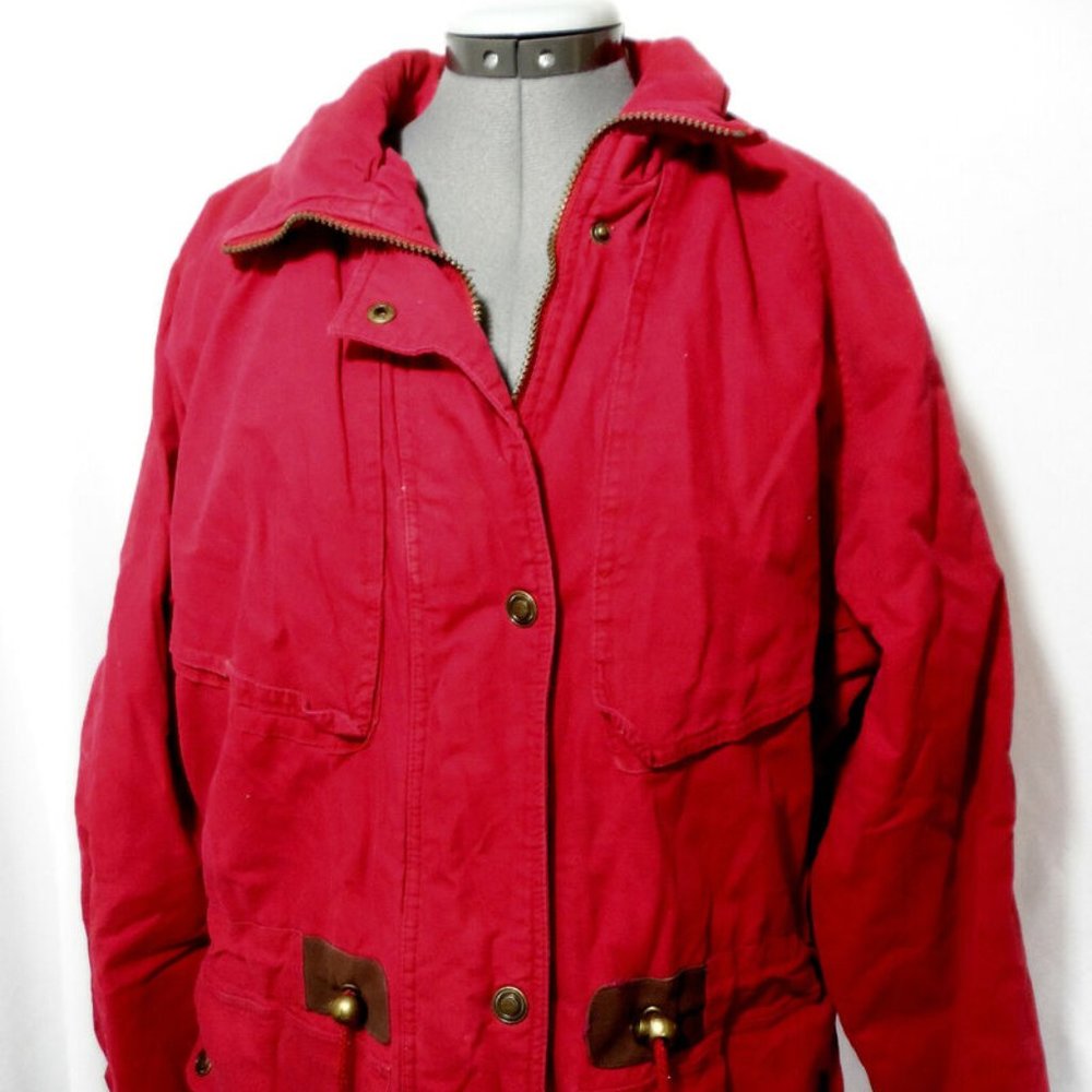 OUTBROOK Insulated Winter Parka Trench Coat Jacket L Red Quilted Fleece Denim